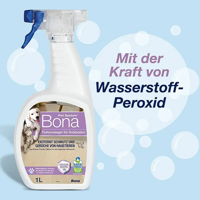 Bona Pet System Reinigungsmittel Tiefenreiniger für Holzböden - 1 l, Flasche mit Sprühkopf - Das Bona Pet System Tiefenreiniger für Holzböden Spray entfernt Schmutz und Gerüche von Haustieren mit der Kraft von Wasserstoffperoxid.