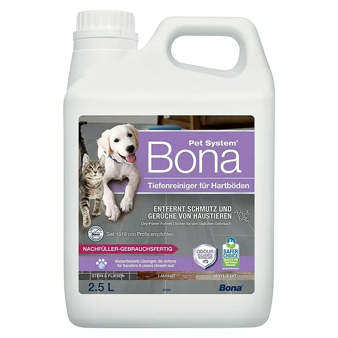 Bona Pet System Reinigungsmittel Tiefenreiniger für Hartböden - 2,5 l, Kanister - Abbildung eines 2,5L Kanisters Bona Pet System Tiefenreiniger für Hartböden, ideal zur Entfernung von Schmutz und Gerüchen von Haustieren.