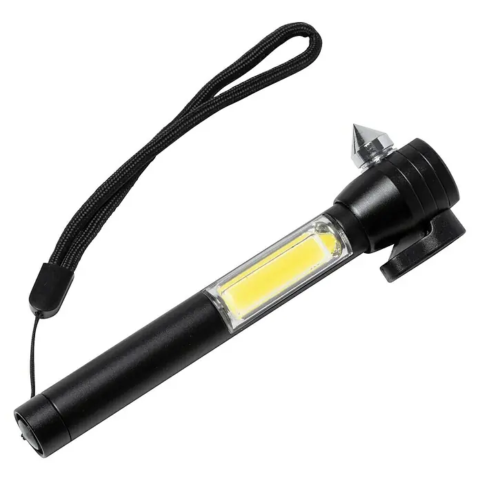Linterna Daga - Negro, Aluminio - Herramienta multifuncional con luz LED, cortador de cinturón y rompe cristales para emergencias automovilísticas, con correa.