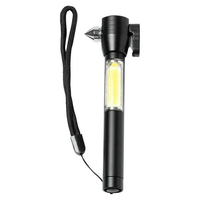 Linterna Daga - Negro, Aluminio - Martillo de emergencia negro con luz LED, cortador de cinturón y rompe cristales para coches. Ayuda compacta para más seguridad en el coche.