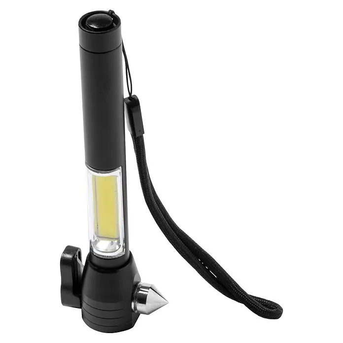 Linterna Daga - Negro, Aluminio - Linterna de emergencia negra para coche con cortador de cinturón, rompecristales y luz COB para mayor seguridad.