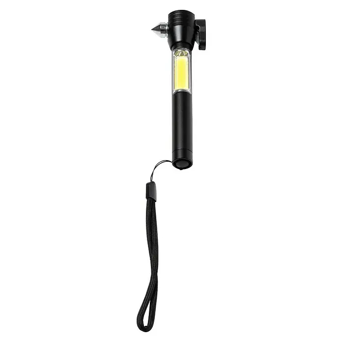 Linterna Daga - Negro, Aluminio - Herramienta multifuncional con cortador de cinturón, martillo y luz LED. Diseño compacto con una práctica correa para emergencias.