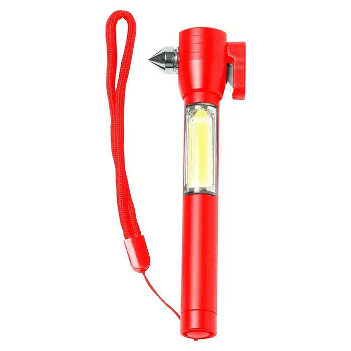 Linterna Daga - Rojo, Aluminio - Martillo de emergencia para coche rojo con cortador de cinturón, rompe cristales y linterna LED para seguridad y rescate rápido.