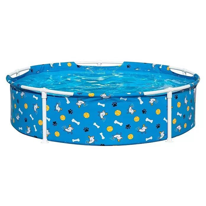 Bestway Frame-Pool Pfote für Haustiere - Ø x H: 122 cm x 30,5 mm, Blau, 292 l - Blauer Hundepool mit weißem Metallrahmen und Mustern aus Hunden, Knochen, Pfotenabdrücken und Tennisbällen, gefüllt mit Wasser.