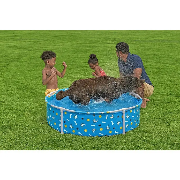 Bestway Frame-Pool Pfote für Haustiere - Ø x H: 122 cm x 30,5 mm, Blau, 292 l - Ein blauer Hunde-Pool mit Muster steht auf einer grünen Wiese, während ein grosser Hund mit Kindern und einem Mann darin planscht.