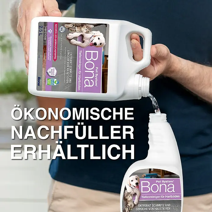 Bona Pet System Reinigungsmittel Tiefenreiniger für Hartböden - 1 l, Flasche mit Sprühkopf - Nachfüllpackung des Bona Pet System Tiefenreinigers für Hartböden. Entfernt Schmutz und Gerüche von Haustieren. Geeignet für Fliesen, Laminat und Vinyl.