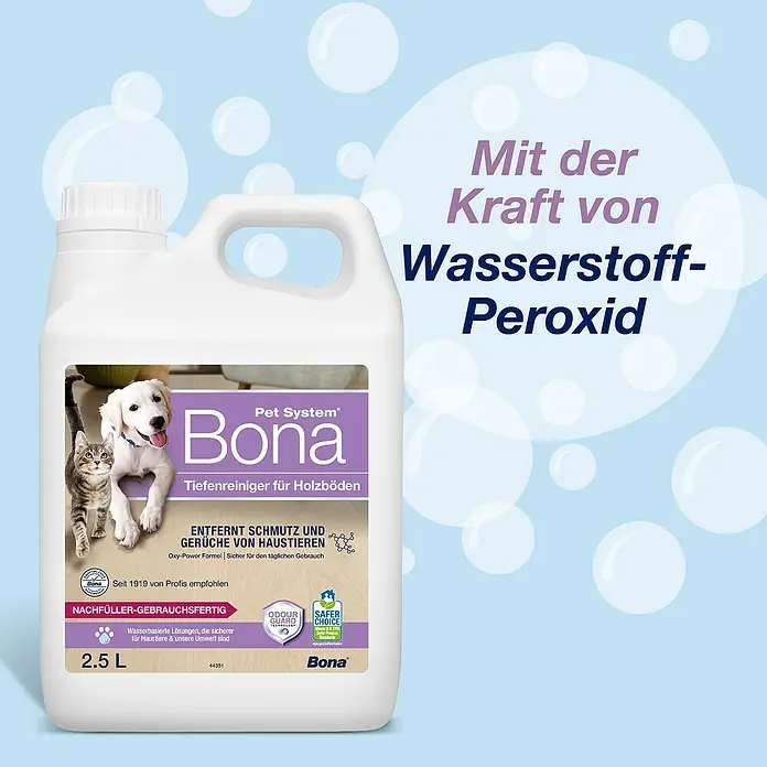 Bona Pet System Reinigungsmittel Tiefenreiniger für Holzböden - 2,5 l, Kanister - Abbildung einer Flasche Bona Pet System Tiefenreiniger für Holzböden mit Wasserstoffperoxid, 2,5 L.
