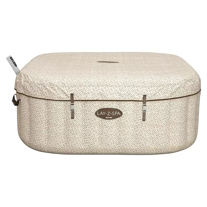 Bestway Lay-Z-Spa Mobil-Whirlpool Rome Air Jet - L x B x H: 180 x 180 x 71 cm, Beige, 840 l - Helles beiges aufblasbares Whirlpool mit gemusterter Abdeckung, sichtbarem Bedienfeld und 'LAY-Z-SPA ROME' Logo.