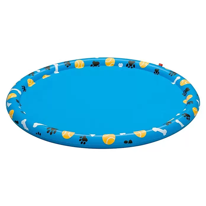 Bestway Wassermatte Pfote - Durchmesser: 147 cm, PVC - Blauer aufblasbarer Hundepool mit gelben Tennisbällen, schwarzen Pfotenabdrücken und weißen Knochen am Rand.