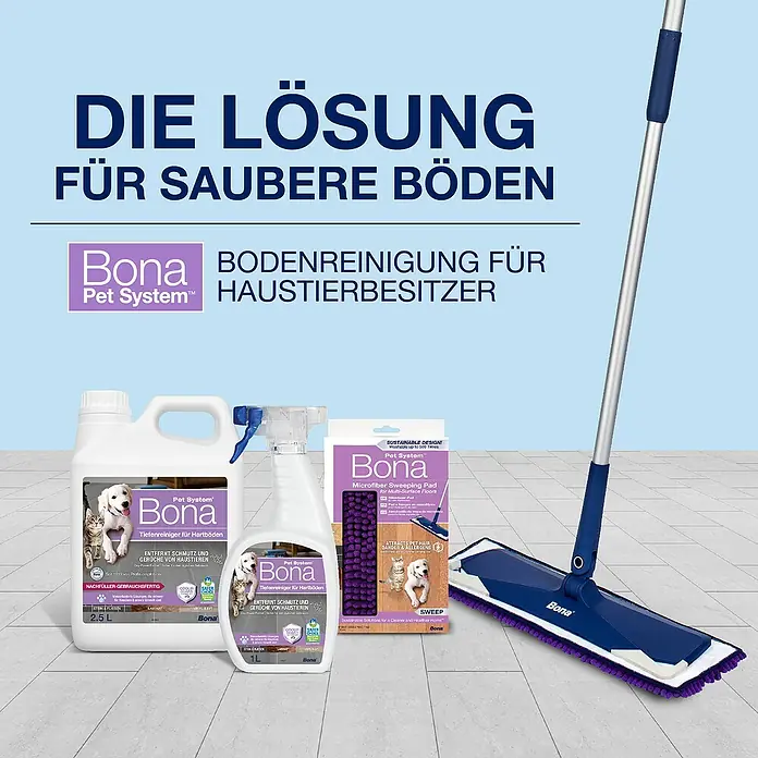 Bona Pet System Reinigungsmittel Tiefenreiniger für Hartböden - 1 l, Flasche mit Sprühkopf - Das Bona Pet System bietet Bodenreinigungslösungen für Haustierbesitzer. Es umfasst Reiniger, Sprays und einen Mopp für saubere Böden.