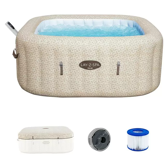 Bestway Lay-Z-Spa Mobil-Whirlpool Rome Air Jet - L x B x H: 180 x 180 x 71 cm, Beige, 840 l - Beigefarbener, gemusterter aufblasbarer Whirlpool mit sprudelndem Wasser, passender Abdeckung, grauem ChemConnect-Spender und blau-weißem Filter.