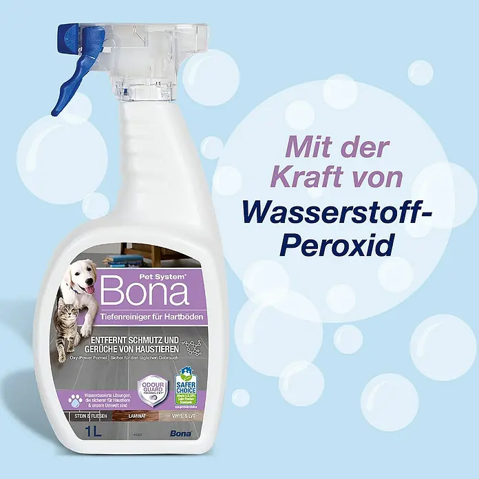 Bona Pet System Reinigungsmittel Tiefenreiniger für Hartböden - 1 l, Flasche mit Sprühkopf - Produktbild von Bona Pet System Tiefenreiniger für Hartböden. Mit der Kraft von Wasserstoffperoxid für eine effektive Reinigung.