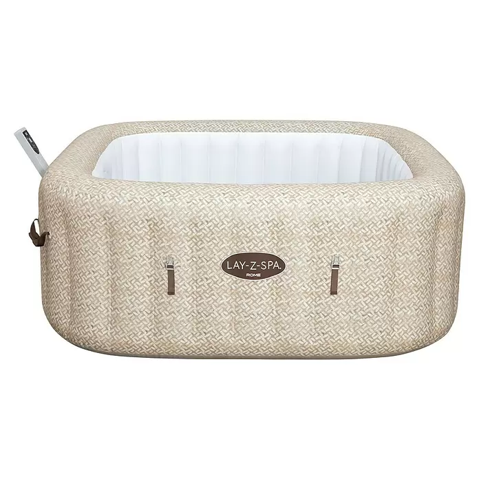 Bestway Lay-Z-Spa Mobil-Whirlpool Rome Air Jet - L x B x H: 180 x 180 x 71 cm, Beige, 840 l - Aufblasbarer Lay-Z-Spa Rome Whirlpool mit hellbeigem Geflechtmuster außen, weißem Inneren, Bedienfeld und braunen Schnallen.