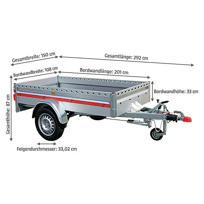 Stema Anhänger BH-R 850 - Nutzlast: 685 kg, Einachser, Kasteninnenmaß: 201 x 108 x 33 cm, Gebremst - Abbildung eines Anhängers mit Maßangaben zu Gesamtlänge, -breite und -höhe, sowie Bordwandlänge, -breite und -höhe.