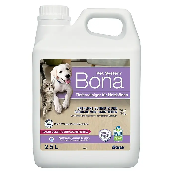 Bona Pet System Reinigungsmittel Tiefenreiniger für Holzböden - 2,5 l, Kanister - Produktbild von Bona Pet System Tiefenreiniger für Holzböden. Entfernt Schmutz und Gerüche von Haustieren. Sicher für den täglichen Gebrauch.