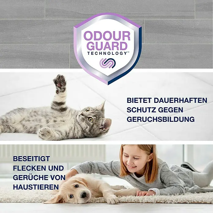 Bona Pet System Reinigungsmittel Tiefenreiniger für Hartböden - 1 l, Flasche mit Sprühkopf - Bild eines Produkts, das Flecken und Gerüche von Haustieren beseitigt, mit Katze, Kind und Hund. Es bietet dauerhaften Schutz vor Geruchsbildung.