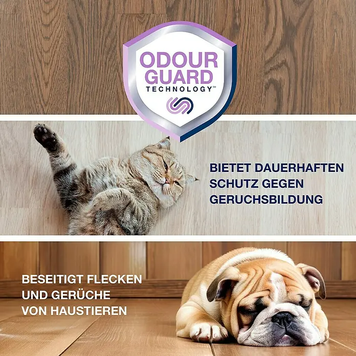 Bona Pet System Reinigungsmittel Tiefenreiniger für Holzböden - 2,5 l, Kanister - Das Bild zeigt einen Holzboden mit Odour Guard Technologie, der Flecken und Gerüche von Haustieren beseitigt und dauerhaften Schutz bietet.