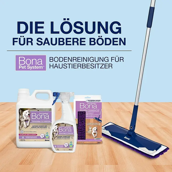 Bona Pet System Reinigungsmittel Tiefenreiniger für Holzböden - 2,5 l, Kanister - Bona Pet System Bodenreinigungsprodukte für saubere Böden. Tiefenreiniger, Mikrofasertücher und ein Mopp sind enthalten.