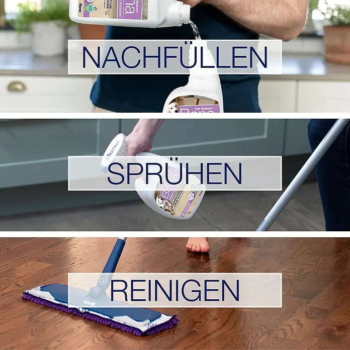 Bona Pet System Reinigungsmittel Tiefenreiniger für Holzböden - 2,5 l, Kanister - Schritte zur Reinigung mit dem Bona Pet System: Nachfüllen, Sprühen und Reinigen für saubere Holzböden und ein sicheres Zuhause für Haustiere.
