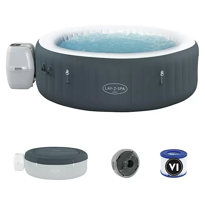 Bestway Lay-Z-Spa Mobil-Whirlpool Miami Air Jet - Ø x H: 196 x 66 cm, Anthrazit, 908 l - Grauer aufblasbarer Lay-Z-Spa Miami Whirlpool mit Steuereinheit, Abdeckung, ChemConnect Spender und VI Filterkartusche.