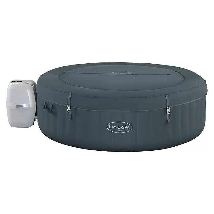 Bestway Lay-Z-Spa Mobil-Whirlpool Miami Air Jet - Ø x H: 196 x 66 cm, Anthrazit, 908 l - Dunkelgrauer aufblasbarer Lay-Z-Spa Miami Whirlpool mit hellgrauer externer Pumpe/Heizung und gesicherter Abdeckung.