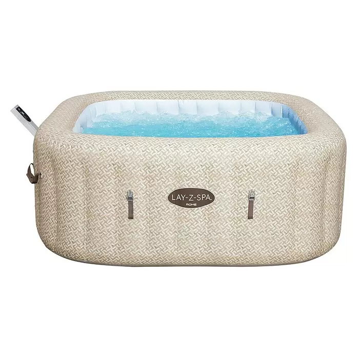 Bestway Lay-Z-Spa Mobil-Whirlpool Rome Air Jet - L x B x H: 180 x 180 x 71 cm, Beige, 840 l - Beiger aufblasbarer Whirlpool mit geflochtenem Muster, sprudelndem Wasser und Bedienfeld.