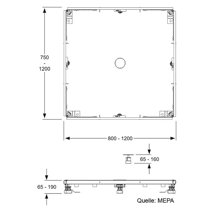 Mepa Duschwannen-Fußrahmen SF Universal - Wannengröße bis 120 x 120 cm - Technische Zeichnung einer quadratischen Duschwanne mit Abmessungen und Höhenangaben.