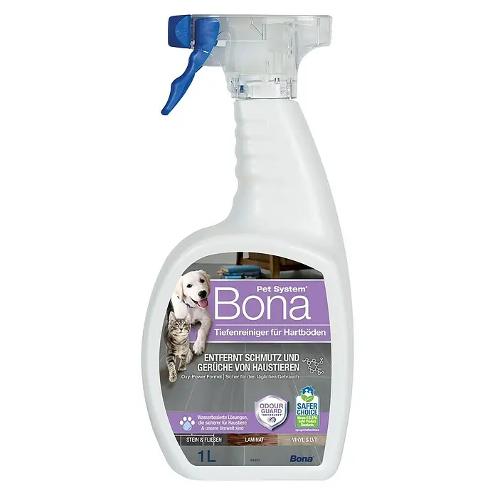 Bona Pet System Reinigungsmittel Tiefenreiniger für Hartböden - 1 l, Flasche mit Sprühkopf - Produktfoto eines Bona Pet System Tiefenreinigers für Hartböden in einer weißen Sprühflasche mit blauem Sprühkopf.