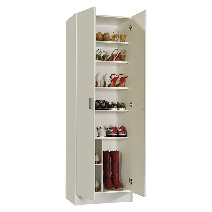 Armario multiusos de madera - L x An x Al: 37 x 59 x 180 cm, Blanco, Múltiples opciones de almacenaje. - Un armario zapatero abierto de altura completa con varios zapatos, desde tacones hasta botas, dispuestos en los estantes.