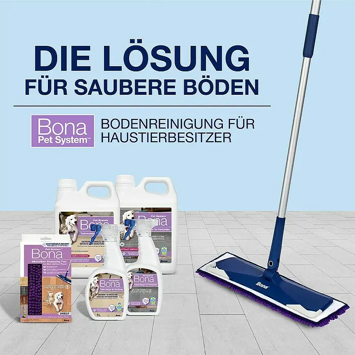 Bona Pet System Bodenwisch-Set Premium mit Teleskopmopp - 3 -tlg. - Bona Pet System Produkte zur Reinigung von Böden für Haustierbesitzer, darunter Reiniger, Mopp und Wischtücher.