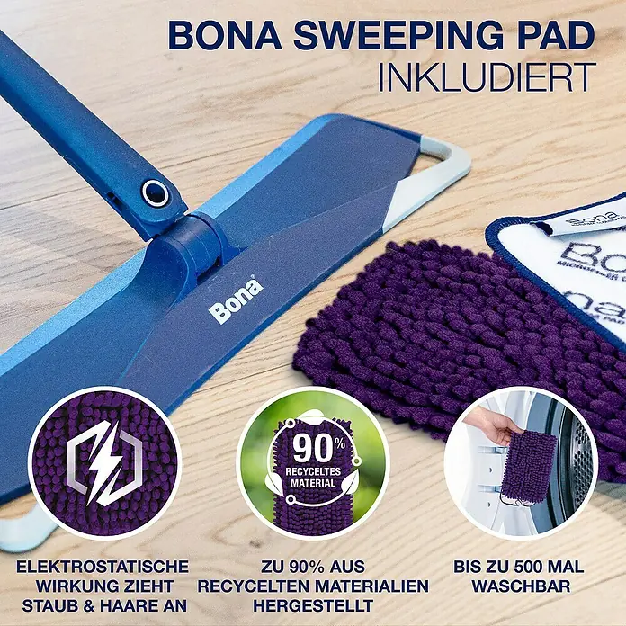 Bona Pet System Bodenwisch-Set Premium mit Teleskopmopp - 3 -tlg. - Bild von einem Bona Wischmopp mit einem violetten Mikrofaserpad, der bis zu 500 Mal waschbar ist und zu 90 % aus recycelten Materialien besteht.