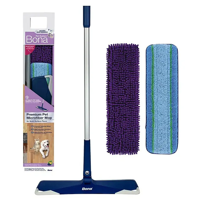 Bona Pet System Bodenwisch-Set Premium mit Teleskopmopp - 3 -tlg. - Premium Pet Microfiber Mop von Bona, geeignet für Multi-Oberflächen. Attrahiert Tierhaare, Staub und Allergene für ein sauberes Zuhause.