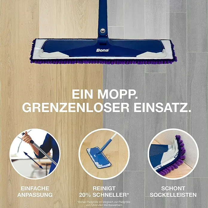 Bona Pet System Bodenwisch-Set Premium mit Teleskopmopp - 3 -tlg. - Ein blauer Bona-Mopp mit violetten Rändern wird auf einem zweigeteilten Hintergrund aus Holz und Fliesen gezeigt.