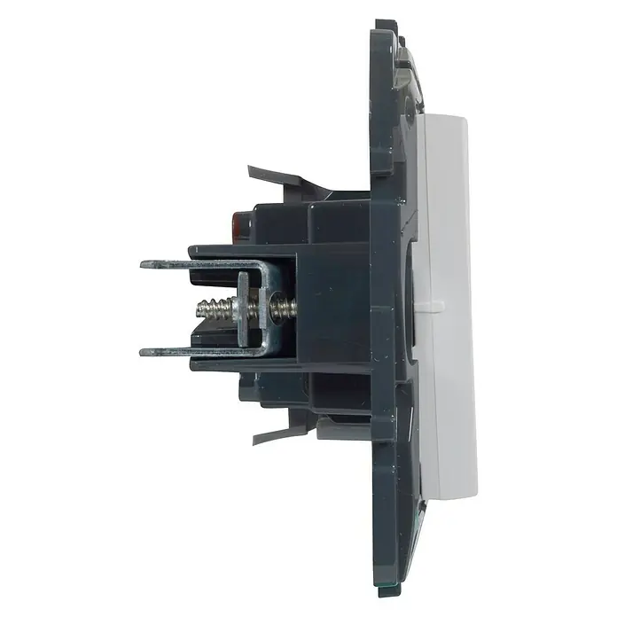 Legrand Niloé Step Conmutador - Blanco, Colocar, IP44 - Vista detallada de un interruptor de luz gris que muestra su hardware de montaje, perfecto para instalaciones eléctricas y proyectos de bricolaje.