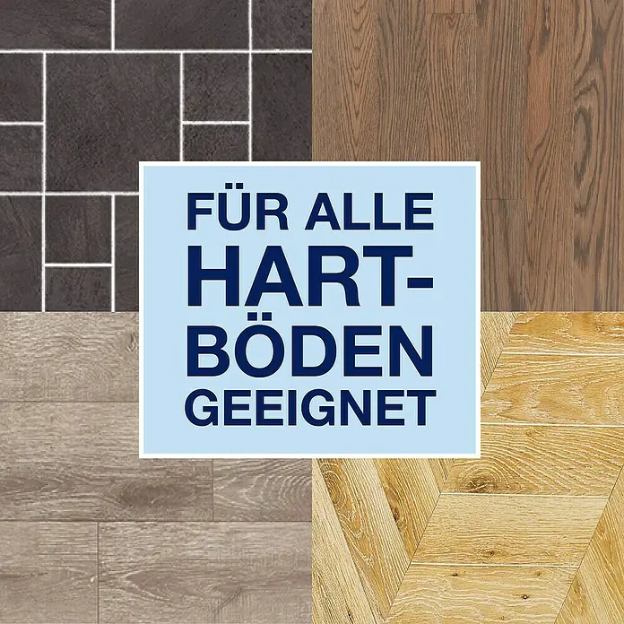 Bona Pet System Bodenwisch-Set Premium mit Teleskopmopp - 3 -tlg. - Bild von verschiedenen Bodenbelägen mit dem Text „FÜR ALLE HARTBÖDEN GEEIGNET“ in der Mitte.