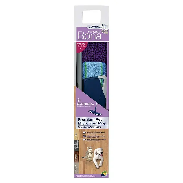 Bona Pet System Bodenwisch-Set Premium mit Teleskopmopp - 3 -tlg. - Bona Premium Pet Mikrofaser-Mopp für Multi-Oberflächen, ideal für Tierhaare, Staub und Allergene, mit Teleskopstiel für alle Hartböden.