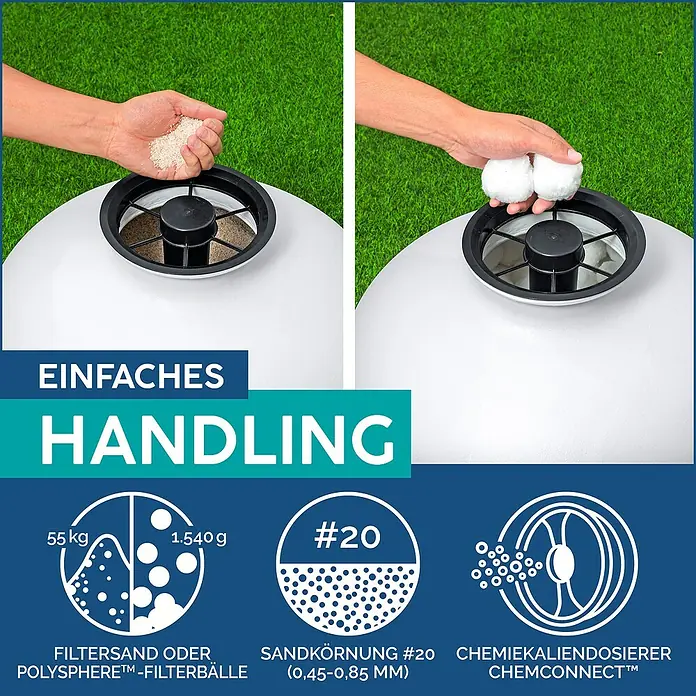 Bestway Sandfilteranlage - Filterleistung: 7.570 l/h, Passend für Poolgröße: 60.500 l - Produktbild, das die einfache Handhabung eines Filtersystems mit Filtersand oder PolySphere™-Filterbällen zeigt.