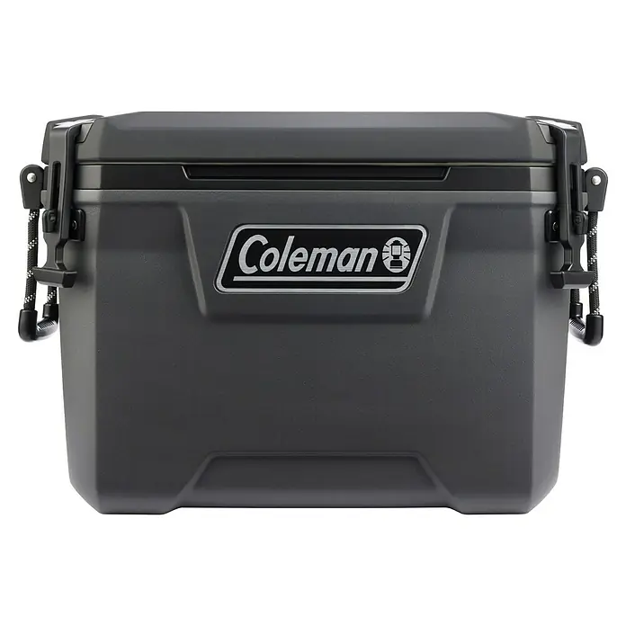 Coleman Kühlbox Convoy QT55 - L x B x H: 37 x 65 x 44 cm, Schwarz, 53 l - Ein grauer Coleman-Kühlbox mit Tragegriffen und dem Coleman-Logo, ideal für Outdoor-Abenteuer und zum Kühlen von Speisen und Getränken.