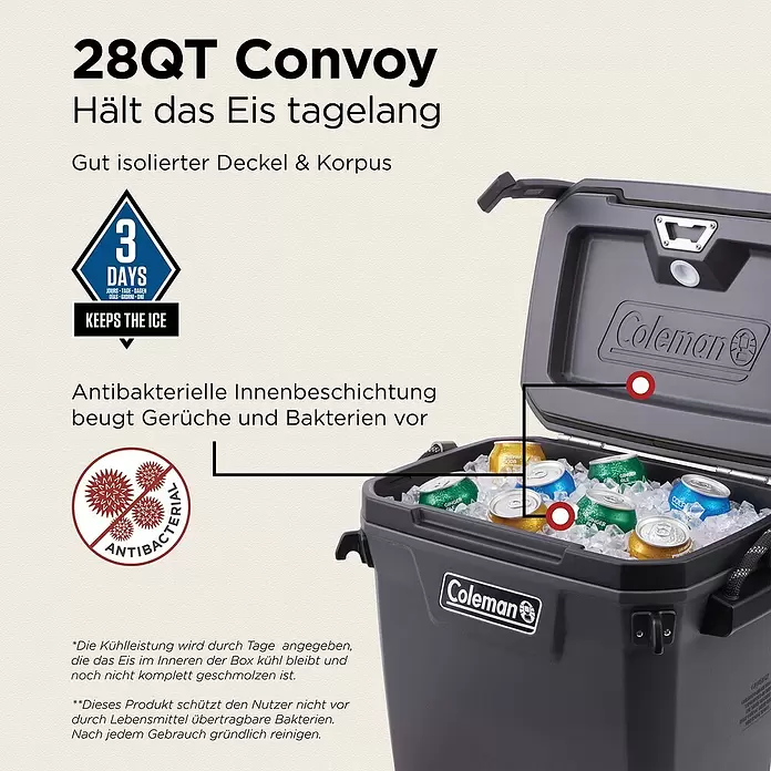 Coleman Kühlbox Convoy QT28 - L x B x H: 26 x 47 x 43 cm, Schwarz, 26,5 l - Schwarze Coleman 28QT Convoy Kühlbox, geöffnet und gefüllt mit Eis und diversen Getränkedosen.