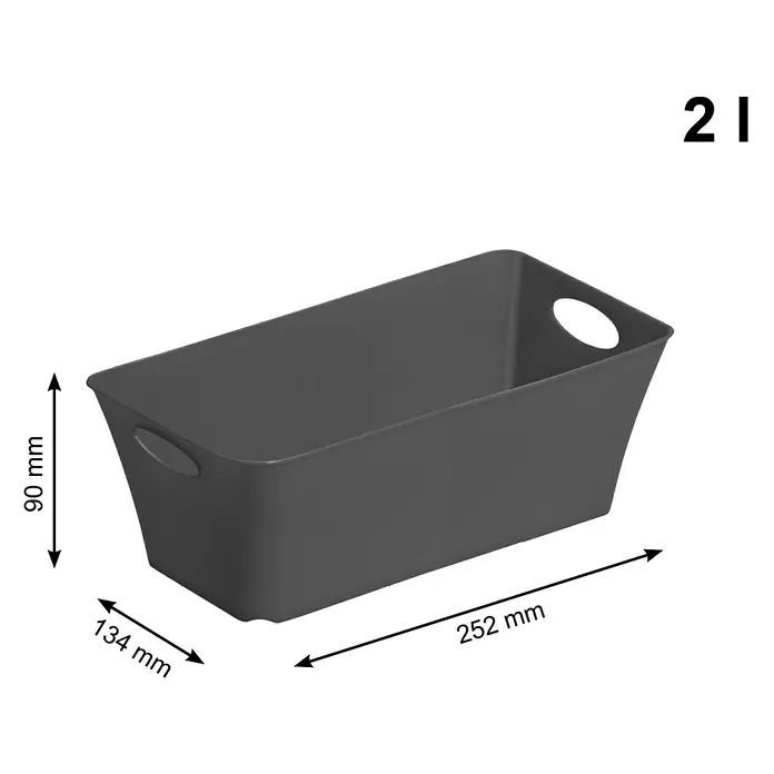 Rotho Aufbewahrungsbox Living - L x B x H: 25,2 x 13,4 x 9 cm, Kunststoff, Anthrazit - Grauer Kunststoffbehälter mit abgerundeten Griffen und den Maßen 90 mm Höhe, 134 mm Breite und 252 mm Länge.