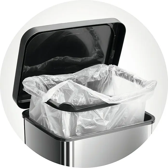 Rotho Treteimer Paso - 20 l, Kunststoff, Silber Metall - Offener, eckiger Mülleimer aus Edelstahl mit schwarzem Deckel und einer transparenten Mülltüte. Praktisch und modern für jeden Raum.