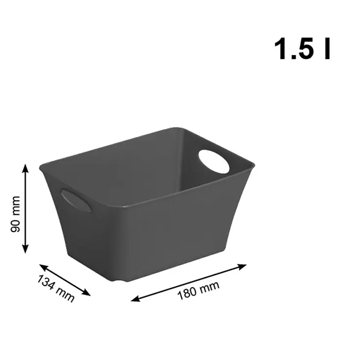 Rotho Aufbewahrungsbox Living - L x B x H: 18 x 13,4 x 9 cm, Kunststoff, Anthrazit - Abgebildet ist ein grauer 1,5-Liter-Aufbewahrungskorb mit den Maßen 180 mm Länge, 134 mm Breite und 90 mm Höhe.