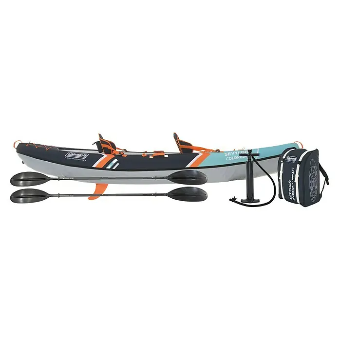 Sevylor Kajak Colorado Kit - L x B: 342 x 96 cm, Nutzlast: 180 kg, Geeignet für: 2 Personen - Abbildung des Coleman Sevylor Colorado Compact Kajaks für 2 Personen, inklusive Paddel, Pumpe und Tragetasche. Ideal für Outdoor-Abenteuer.