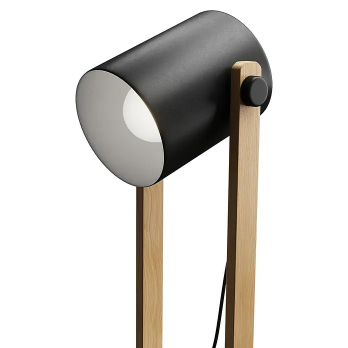 Eglo Hornwood Stehleuchte - Höhe: 140 cm - Diese Aufnahme zeigt eine moderne, schwarze Tischleuchte mit Holzfuß, die auf einem schwarzen Hintergrund steht. Das Licht ist einladend hell.