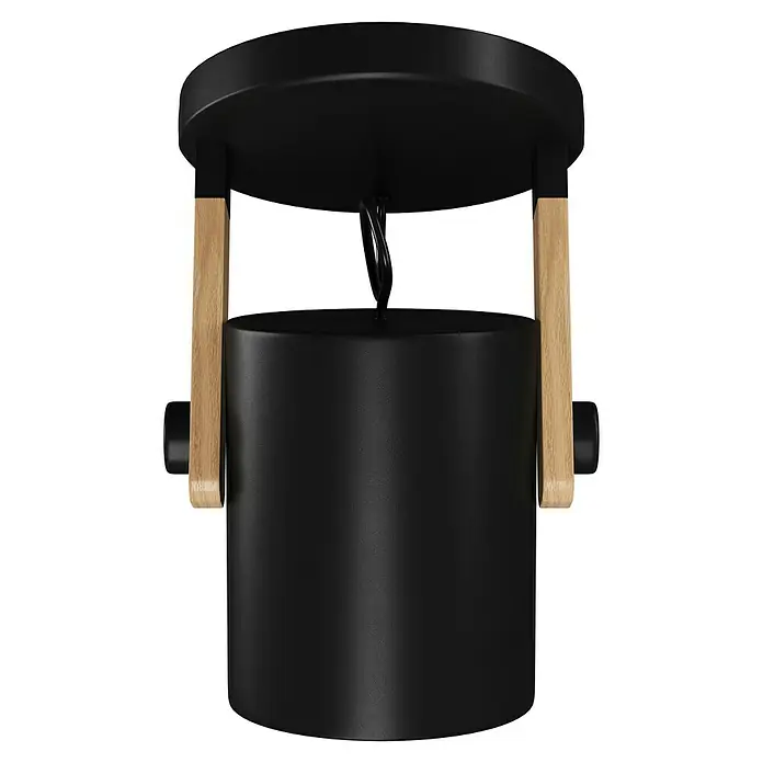 Eglo Hornwood Wandleuchte rund - 28 W, Schwarz/Creme, E27 - Eine Nahaufnahme einer schwarzen Zylinder-Deckenleuchte mit Holzdetails, die ein stilvolles und modernes Design zeigt.