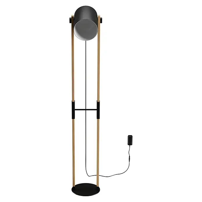 Eglo Hornwood Stehleuchte - Höhe: 140 cm - Eine elegante Stehlampe mit einem schwarzen Lampenschirm und einem Holzrahmen für stilvolle Beleuchtung.