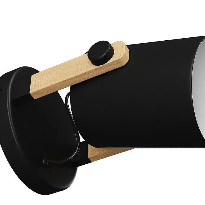 Eglo Hornwood Wandleuchte rund - 28 W, Schwarz/Creme, E27 - Nahaufnahme einer schwarzen Wandleuchte mit Holzelementen und einem runden Lampenschirm, ideal für modernes Wohnambiente.