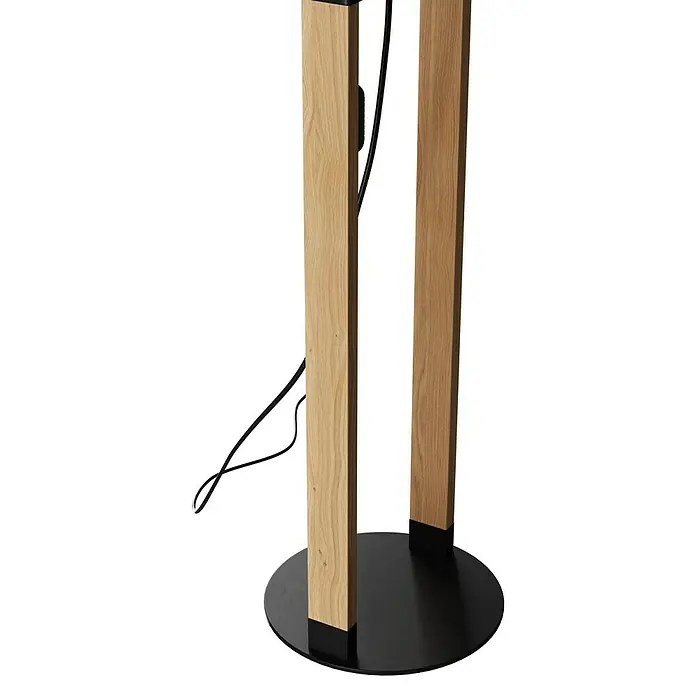 Eglo Hornwood Stehleuchte - Höhe: 140 cm - Eine moderne Stehlampe mit zwei Holzpfosten auf einem runden, schwarzen Sockel. Die Lampe hat ein minimalistisches und elegantes Design.