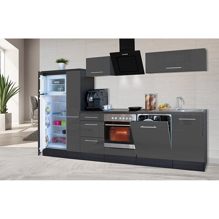 Respekta Premium Composición de cocina (Ancho: 310 cm, Con dispositivos eléctricos, Gris de alto brillo)