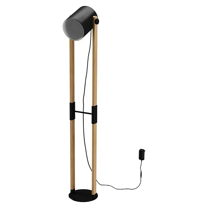 Eglo Hornwood Stehleuchte - Höhe: 140 cm - Elegante Stehlampe mit schwarzem Lampenschirm und hellem Holzgestell. Ideal für moderne Wohnräume.